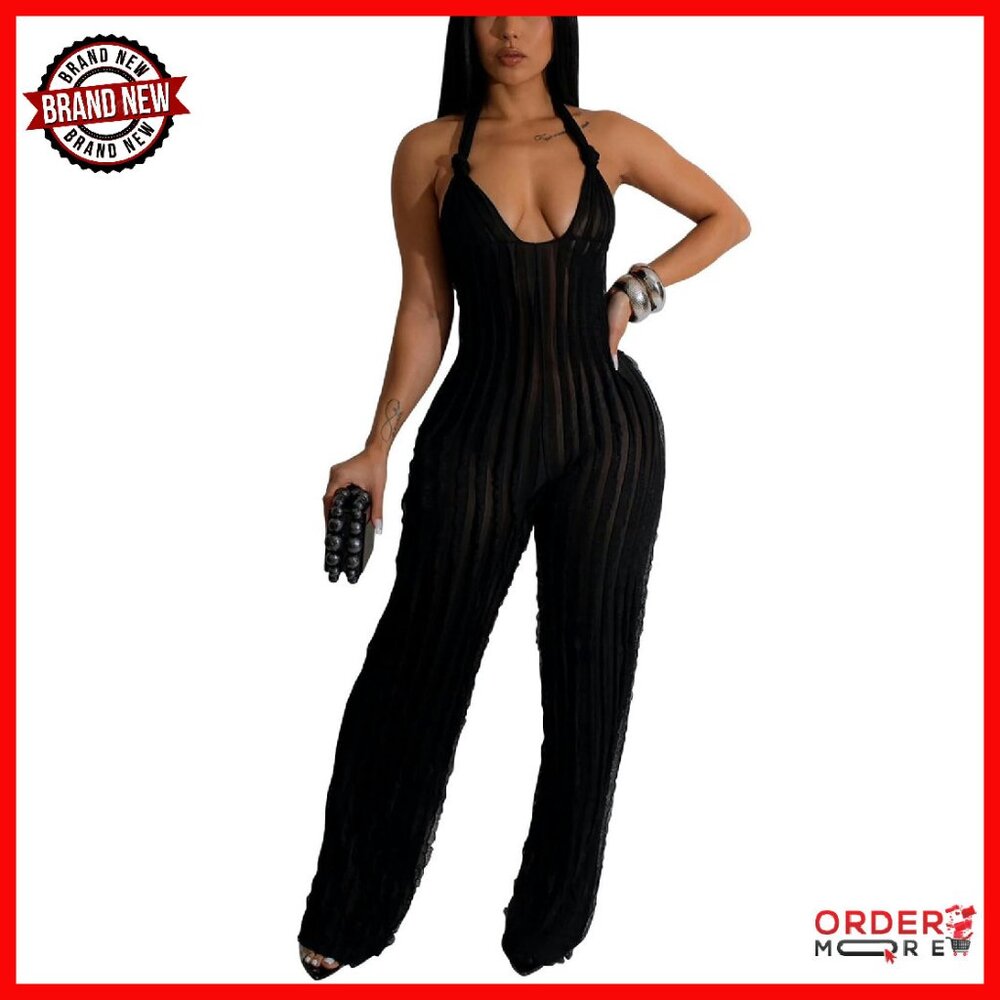 Wide Leg Halter Jumpsuit Polyester V Neck Tie Knot Pleated Boho